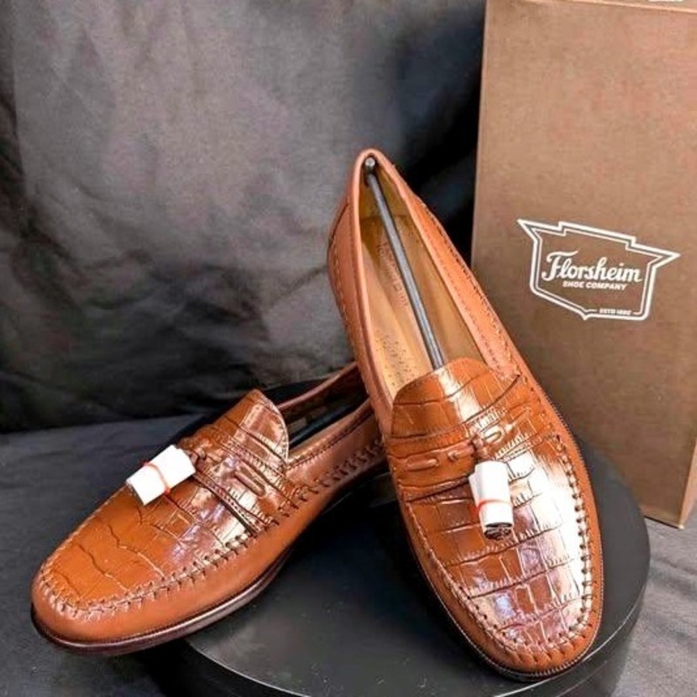 NIB~Florsheim Pisa 18469 Cognac Leather Croc Print Tassel Loafers~Men's Size 8 D